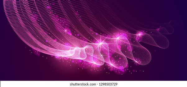 Wave of flowing particles over dark abstract vector magic background, smooth curvy shape dots transparent tulle textile on wind. 3d shape dots blended mesh, relaxing wallpaper.