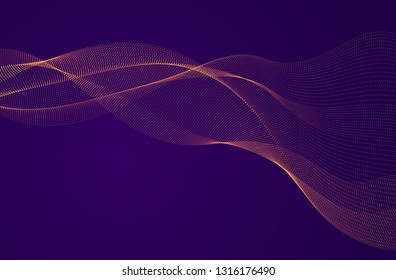 Wave of flowing particles over dark modern relaxing illustration. Round shining dots vector abstract background. Beautiful wave shaped array of blended points.