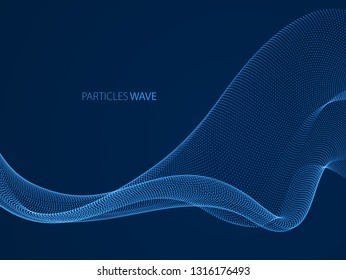 Wave of flowing particles over dark modern relaxing illustration. Round shining dots vector abstract background. Beautiful wave shaped array of blended points.