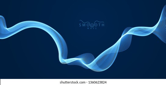 Wave of flowing particles over dark modern relaxing illustration. Round shining dots vector abstract background. Beautiful wave shaped array of blended points.