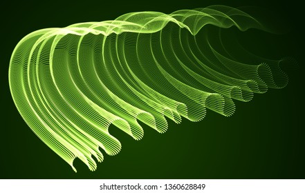 Wave of flowing particles over dark abstract vector magic background, smooth curvy shape dots transparent tulle textile on wind. 3d shape dots blended mesh, relaxing wallpaper.