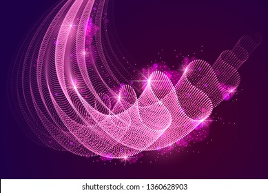 Wave of flowing particles over dark abstract vector magic background, smooth curvy shape dots transparent tulle textile on wind. 3d shape dots blended mesh, relaxing wallpaper.