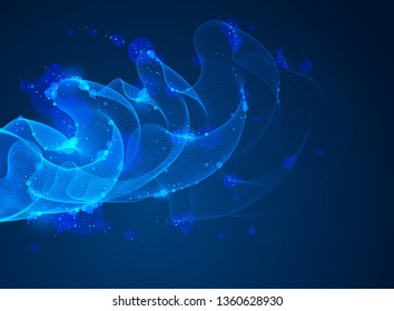 Wave of flowing particles over dark abstract vector magic background, smooth curvy shape dots transparent tulle textile on wind. 3d shape dots blended mesh, relaxing wallpaper.