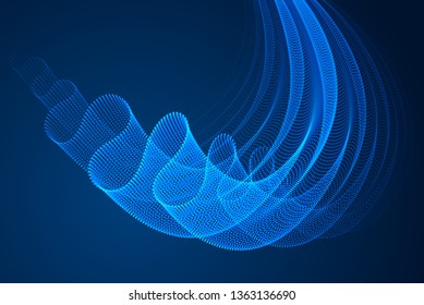 Wave of flowing particles over dark abstract vector magic background, smooth curvy shape dots transparent tulle textile on wind. 3d shape dots blended mesh, relaxing wallpaper.