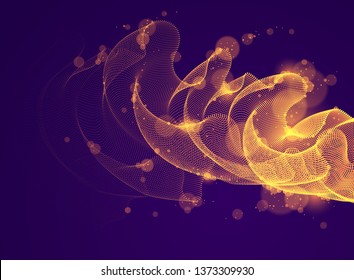 Wave of flowing particles over dark abstract vector magic background, smooth curvy shape dots transparent tulle textile on wind. 3d shape dots blended mesh, relaxing wallpaper.