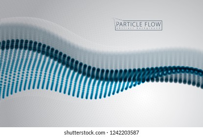 Wave of flowing particles over grey. Blurred circles vector abstract background. Beautiful wave shaped array of blurry dots.