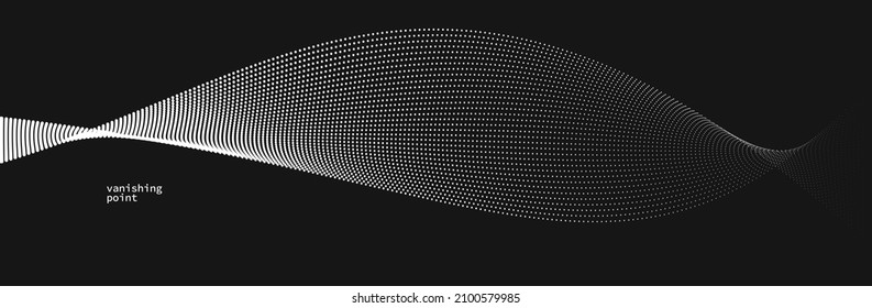 Wave of flowing vanishing particles vector abstract background, curvy lines dots in motion over black relaxing illustration, smoke like image.