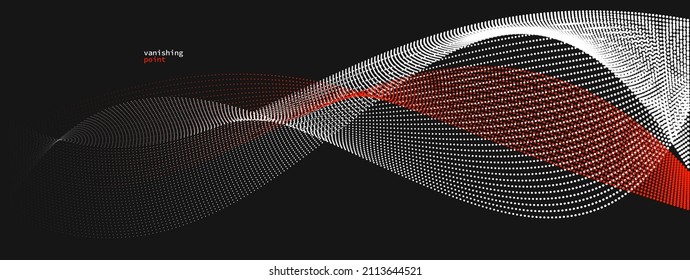 Wave of flowing vanishing particles vector abstract background, red and black curvy lines dots in motion relaxing illustration, smoke like image.