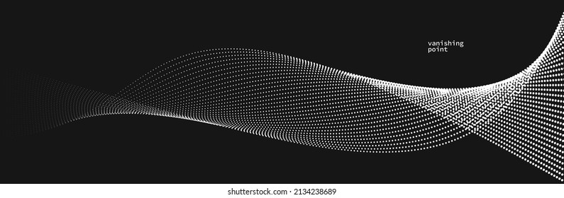 Wave of flowing vanishing particles vector abstract background, curvy lines dots in motion over black relaxing illustration, smoke like image.