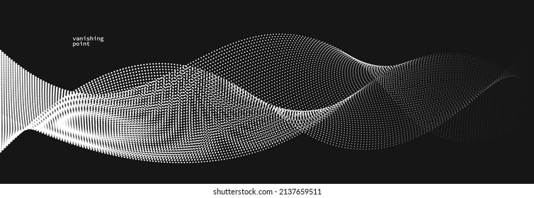 Wave of flowing vanishing particles vector abstract background, curvy lines dots in motion over black relaxing illustration, smoke like image.