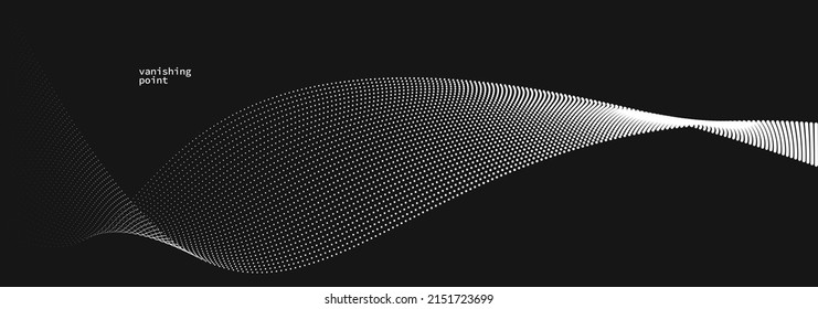 Wave of flowing vanishing particles vector abstract background, curvy lines dots in motion over black relaxing illustration, smoke like image.