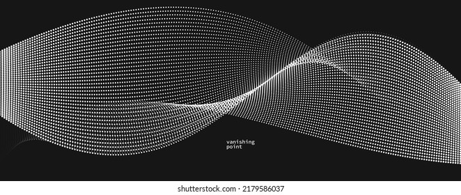 Wave of flowing vanishing particles vector abstract background, curvy lines dots in motion over black relaxing illustration, smoke like image.