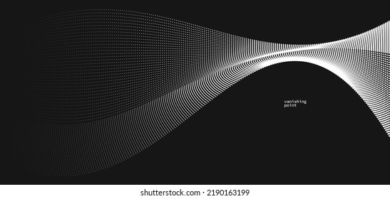 Wave of flowing vanishing particles vector abstract background, curvy lines dots in motion over black relaxing illustration, smoke like image.