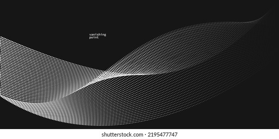 Wave of flowing vanishing particles vector abstract background, curvy lines dots in motion over black relaxing illustration, smoke like image.