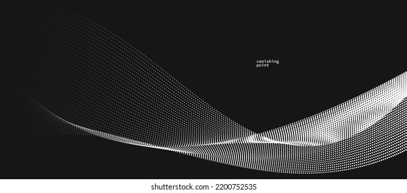 Wave of flowing vanishing particles vector abstract background, curvy lines dots in motion over black relaxing illustration, smoke like image.