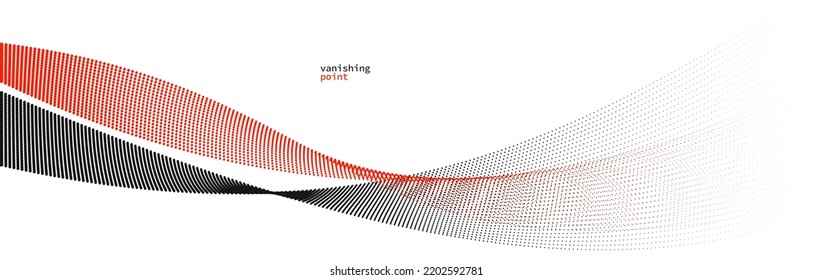 Wave of flowing vanishing particles vector abstract background, red and black curvy lines dots in motion relaxing illustration, smoke like image.