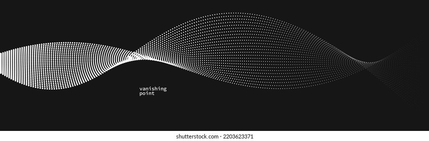 Wave of flowing vanishing particles vector abstract background, curvy lines dots in motion over black relaxing illustration, smoke like image.