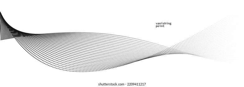 Wave of flowing vanishing particles vector abstract background, curvy lines dots in motion relaxing illustration, smoke like image.