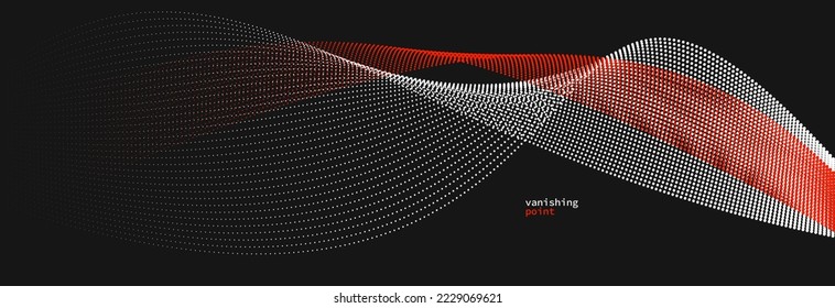 Wave of flowing vanishing particles vector abstract background, red and black curvy lines dots in motion relaxing illustration, smoke like image.
