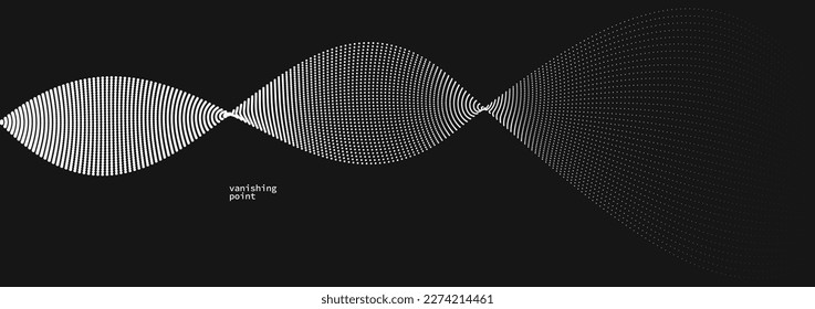 Wave of flowing vanishing particles vector abstract background, curvy lines dots in motion over black relaxing illustration, smoke like image.