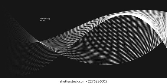 Wave of flowing vanishing particles vector abstract background, curvy lines dots in motion over black relaxing illustration, smoke like image.