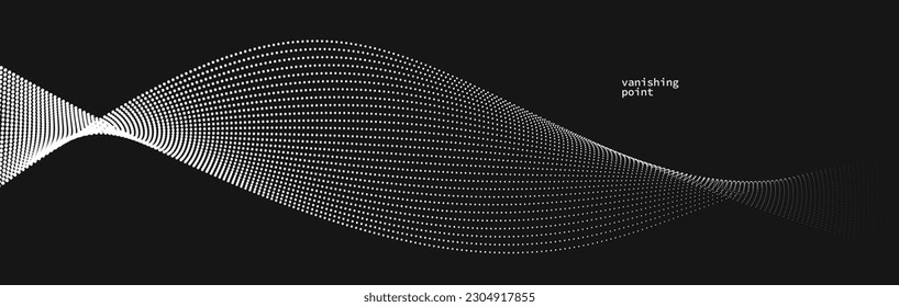 Wave of flowing vanishing particles vector abstract background, curvy lines dots in motion over black relaxing illustration, smoke like image.