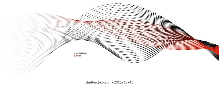 Wave of flowing vanishing particles vector abstract background, red and black curvy lines dots in motion relaxing illustration, smoke like image.