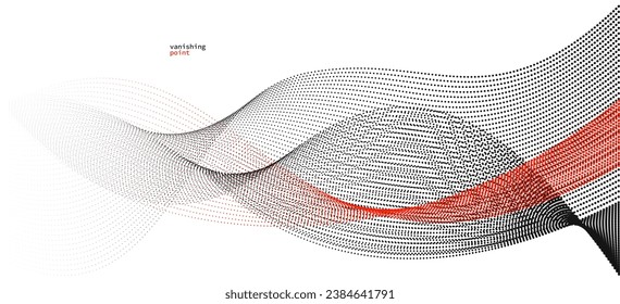 Wave of flowing vanishing particles vector abstract background, red and black curvy lines dots in motion relaxing illustration, smoke like image.