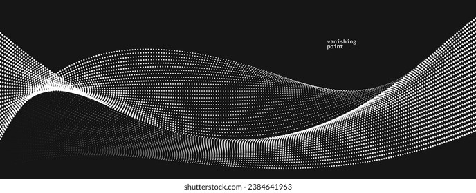 Wave of flowing vanishing particles vector abstract background, curvy lines dots in motion over black relaxing illustration, smoke like image.