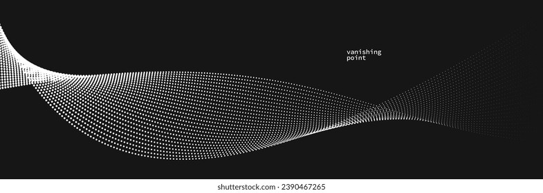 Wave of flowing vanishing particles vector abstract background, curvy lines dots in motion over black relaxing illustration, smoke like image.