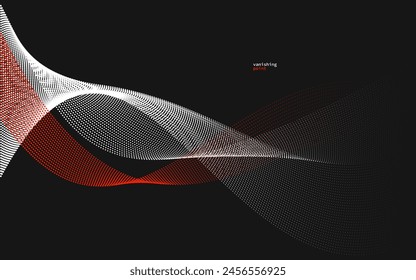 Wave of flowing vanishing particles vector abstract background, red and black curvy lines dots in motion relaxing illustration, smoke like image.