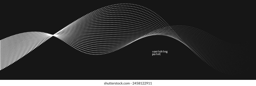 Wave of flowing vanishing particles vector abstract background, curvy lines dots in motion over black relaxing illustration, smoke like image.