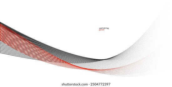 Wave of flowing vanishing particles vector abstract background, red and black curvy lines dots in motion relaxing illustration, smoke like image.