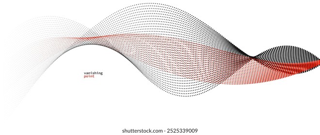 Wave of flowing vanishing particles vector abstract background, red and black curvy lines dots in motion relaxing illustration, smoke like image.