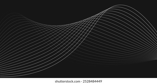 Wave of flowing vanishing particles vector abstract background, curvy lines dots in motion over black relaxing illustration, smoke like image.