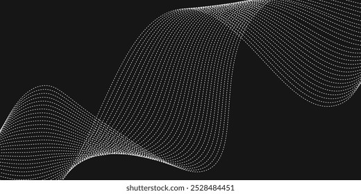 Wave of flowing vanishing particles vector abstract background, curvy lines dots in motion over black relaxing illustration, smoke like image.