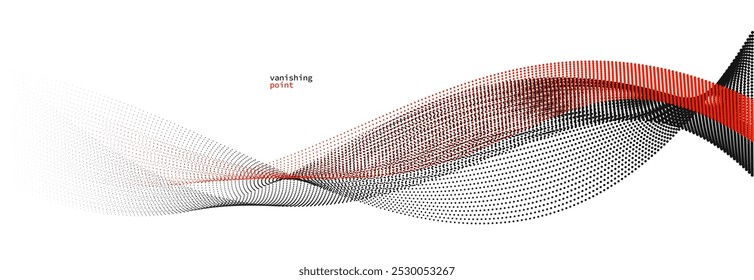 Wave of flowing vanishing particles vector abstract background, red and black curvy lines dots in motion relaxing illustration, smoke like image.