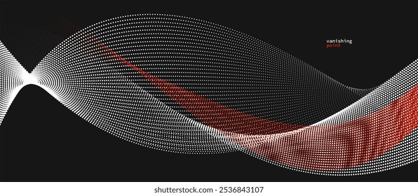 Wave of flowing vanishing particles vector abstract background, red and black curvy lines dots in motion relaxing illustration, smoke like image.