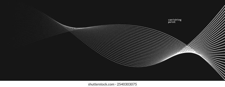 Wave of flowing vanishing particles vector abstract background, curvy lines dots in motion over black relaxing illustration, smoke like image.