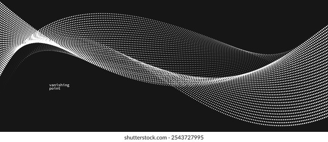 Wave of flowing vanishing particles vector abstract background, curvy lines dots in motion over black relaxing illustration, smoke like image.