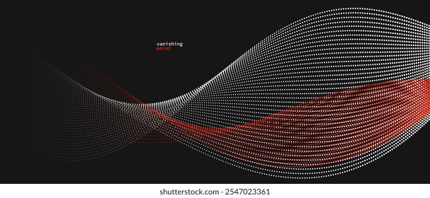 Wave of flowing vanishing particles vector abstract background, red and black curvy lines dots in motion relaxing illustration, smoke like image.