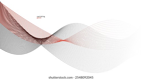 Wave of flowing vanishing particles vector abstract background, red and black curvy lines dots in motion relaxing illustration, smoke like image.