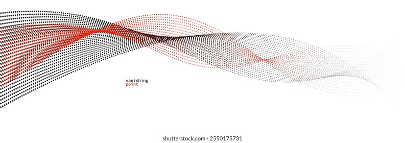 Wave of flowing vanishing particles vector abstract background, red and black curvy lines dots in motion relaxing illustration, smoke like image.