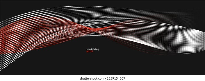 Wave of flowing vanishing particles vector abstract background, red and black curvy lines dots in motion relaxing illustration, smoke like image.