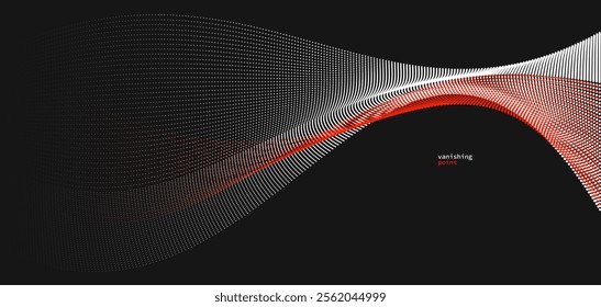 Wave of flowing vanishing particles vector abstract background, red and black curvy lines dots in motion relaxing illustration, smoke like image.