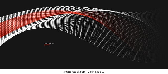 Wave of flowing vanishing particles vector abstract background, red and black curvy lines dots in motion relaxing illustration, smoke like image.