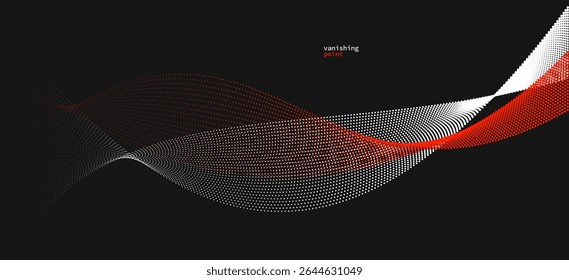 Wave of flowing vanishing particles vector abstract background, red and black curvy lines dots in motion relaxing illustration, smoke like image.