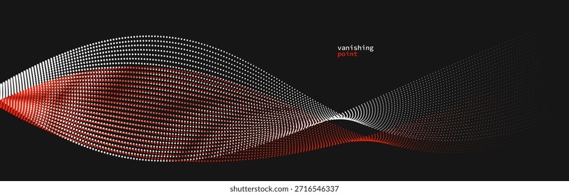 Onda de partículas em fuga fluindo fundo abstrato vetor, linhas curvas vermelhas e pretas pontos em movimento ilustração relaxante, fumaça como imagem.