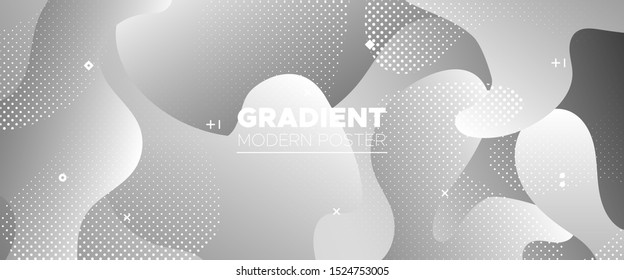 Wave Fluid Shapes. Metallic Gradient Template. White Geometric Element. Creative Layout. 3d Fluid Background. Memphis Wallpaper. Vector Illustration. Monochrome Graphics Brochure. Flow Wave Poster.