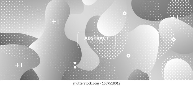 Wave Fluid Shapes. Monochrome Gradient Template. White Geometric Pattern. Creative Layout. Flow Wave Poster. Futuristic Gradient. Vector Illustration. Metallic Graphics Brochure. 3d Fluid Background.